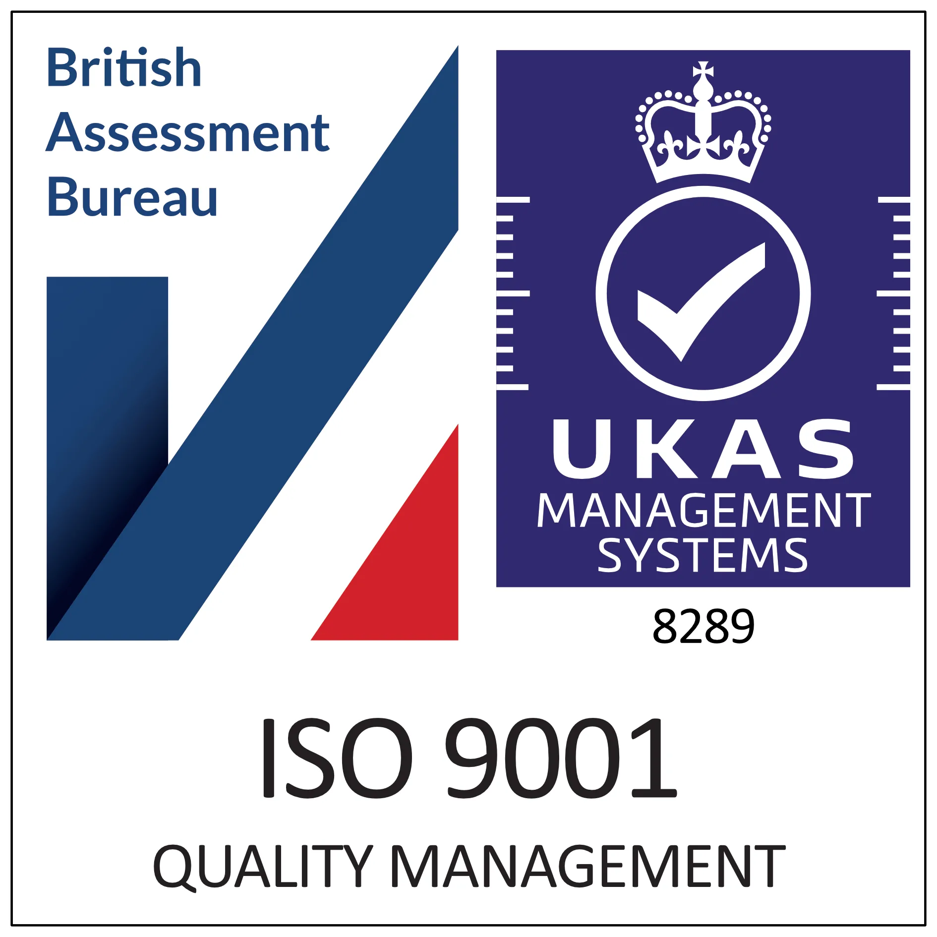 Proofvision - The image shows a certification label featuring the British Assessment Bureau and UKAS Management Systems logos. Below the logos, it states "ISO 9001 QUALITY MANAGEMENT" with the number 8289.