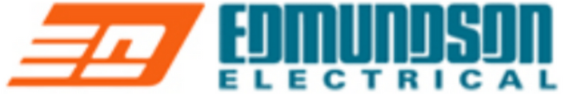 Proofvision - Logo of Edmundson Electrical. It features an orange, stylized letter "E" to the left, with the text "Edmundson Electrical" in blue capitalized letters to the right. The logo conveys a sense of speed and efficiency through its design.