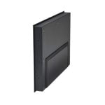 Proofvision - Angled view of a black metal wall-mounted mailbox with a top opening flap and a front door. The design is sleek and modern, featuring a rectangular shape and a smooth finish.