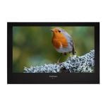 Proofvision - A digital screen displaying a photo of a robin bird perched on a frost-covered branch. The bird has a vibrant orange chest and a greyish-brown body. The screen, branded "ProDVision," has a sleek black frame. The background is a blurred natural green scenery.