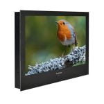 Proofvision - A digital display shows a close-up image of a robin with a red breast perched on a lichen-covered branch. The screen has a sleek black frame with the word "ProVision" visible at the bottom. The background is blurred with green hues.
