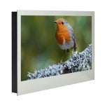 Proofvision - A framed photograph of a robin perched on a snow-dusted branch. The robin has a vibrant orange chest, grey back, and is set against a blurred green background. The frame is sleek and modern with a metallic finish.