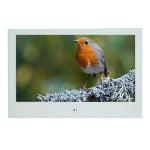 Proofvision - A digital photo frame displays an image of a robin perched on a lichen-covered branch. The bird, with its distinctive red breast and grey wings, stands out against a blurred green background. The frame has a white border and appears sleek and modern.