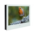 Proofvision - The image shows a digital picture frame with a photograph of a robin perched on a frosty branch. The frame has a white front with a black side. The robin is detailed with an orange chest, grayish-brown wings, and a soft green background.