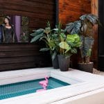 Proofvision - Outdoor space with a small square pool featuring two pink flamingo floats. There's a large potted plant on the platform next to the pool. A TV mounted on a wooden wall displays two people standing together. The area is surrounded by modern wooden and glass architecture.