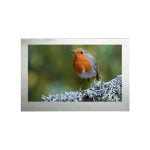 Proofvision - A picture frame displays an image of a European robin with a bright orange breast and face, perched on a lichen-covered branch. The background is a soft focus mix of green and yellow hues, giving a natural and serene atmosphere.