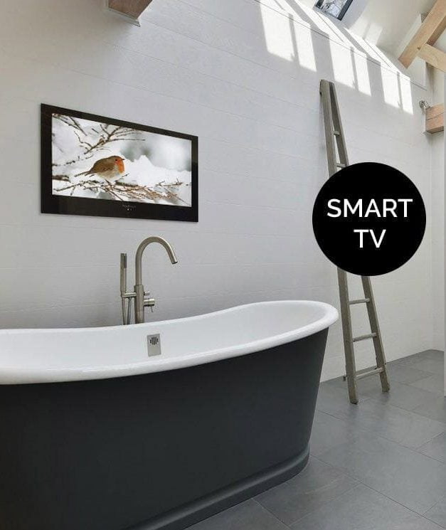ProofVision - A bathroom TV wall mounted above a black and white back, with a ladder visible. A sticker on the image says 'Smart TV'