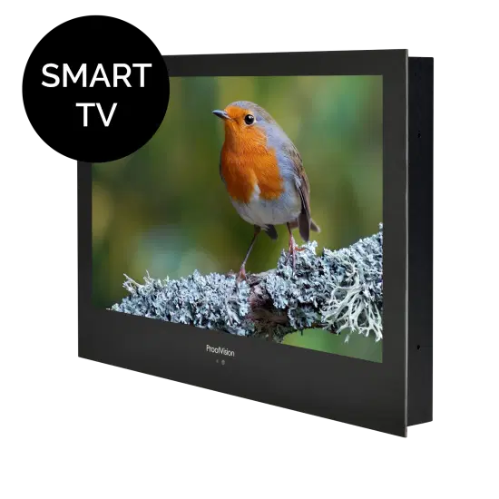 Proofvision - A black ProVision Smart TV displaying a close-up image of a robin bird perched on a branch covered with lichen against a blurred green background. The words "SMART TV" are written in white on a black circular label in the top left corner of the TV screen.