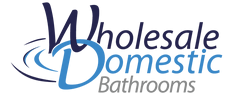 Proofvision - Logo of Wholesale Domestic Bathrooms. "Wholesale Domestic" is written in large, stylized blue and dark blue letters with a swirly design on the left. "Bathrooms" is in smaller, light blue letters beneath "Domestic.