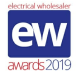 Proofvision - Logo for the "Electrical Wholesaler Awards 2019." The logo features a large blue square with the white lowercase letters "ew" in the center. "Electrical wholesaler" is written in red above the square, and "awards 2019" is written below it with "2019" in blue.