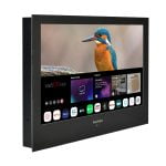 Proofvision - A black ProVision TV displaying an interface featuring apps like Netflix, Disney+, and YouTube, along with a live TV section. The screen shows a vibrant image of a kingfisher bird perched on a branch.