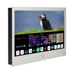 Proofvision - A ProDisplay TV screen with a silver frame showing a puffin standing on grass. The screen displays the webOS Hub interface with various app icons, including Netflix, Prime Video, and YouTube, and features like Live TV and TV Guide.