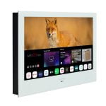 Proofvision - A wall-mounted TV screen displays an image of a fox along with a menu of various streaming service apps, such as Netflix, Prime Video, Disney+, and more. The screen features the webOS Hub interface and showcases recent inputs and available features.
