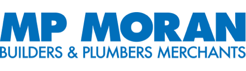 Proofvision - The image shows the logo for MP MORAN, a company with the tagline "Builders & Plumbers Merchants" written underneath in blue text on a white background.