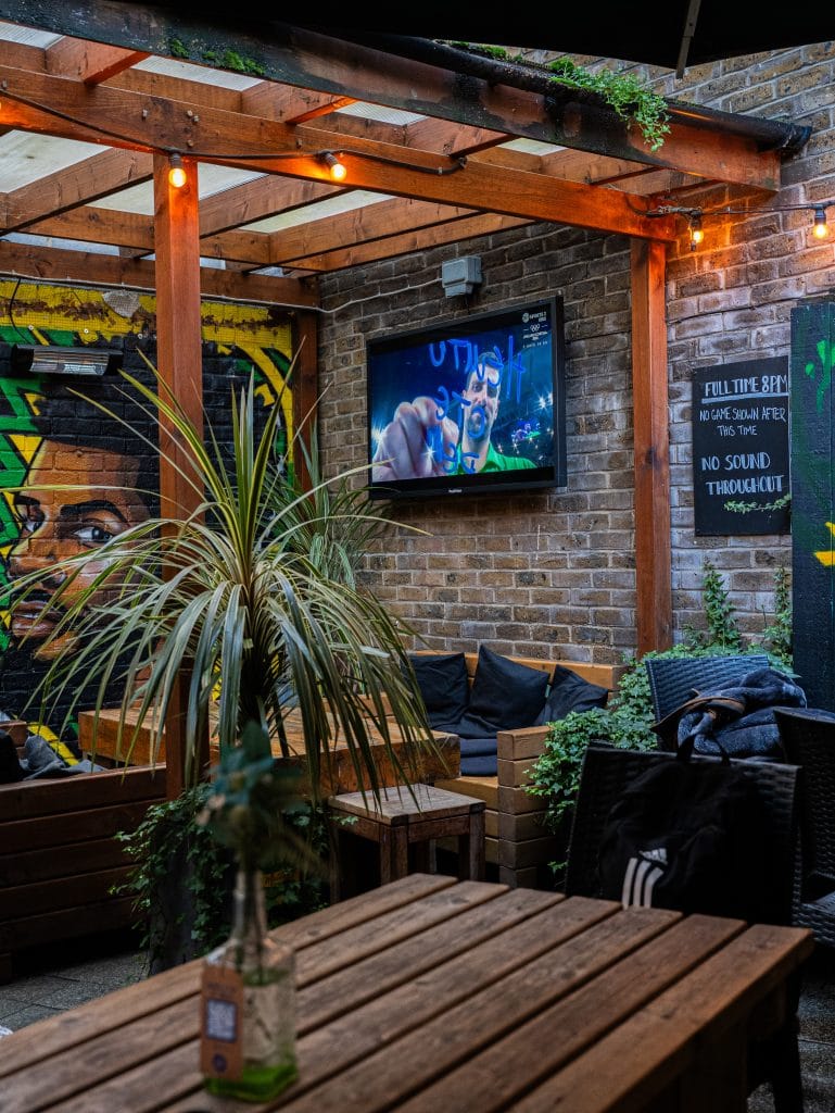 ProofVision Lifestyle Plus MX Outdoor TV in Pub with Plants